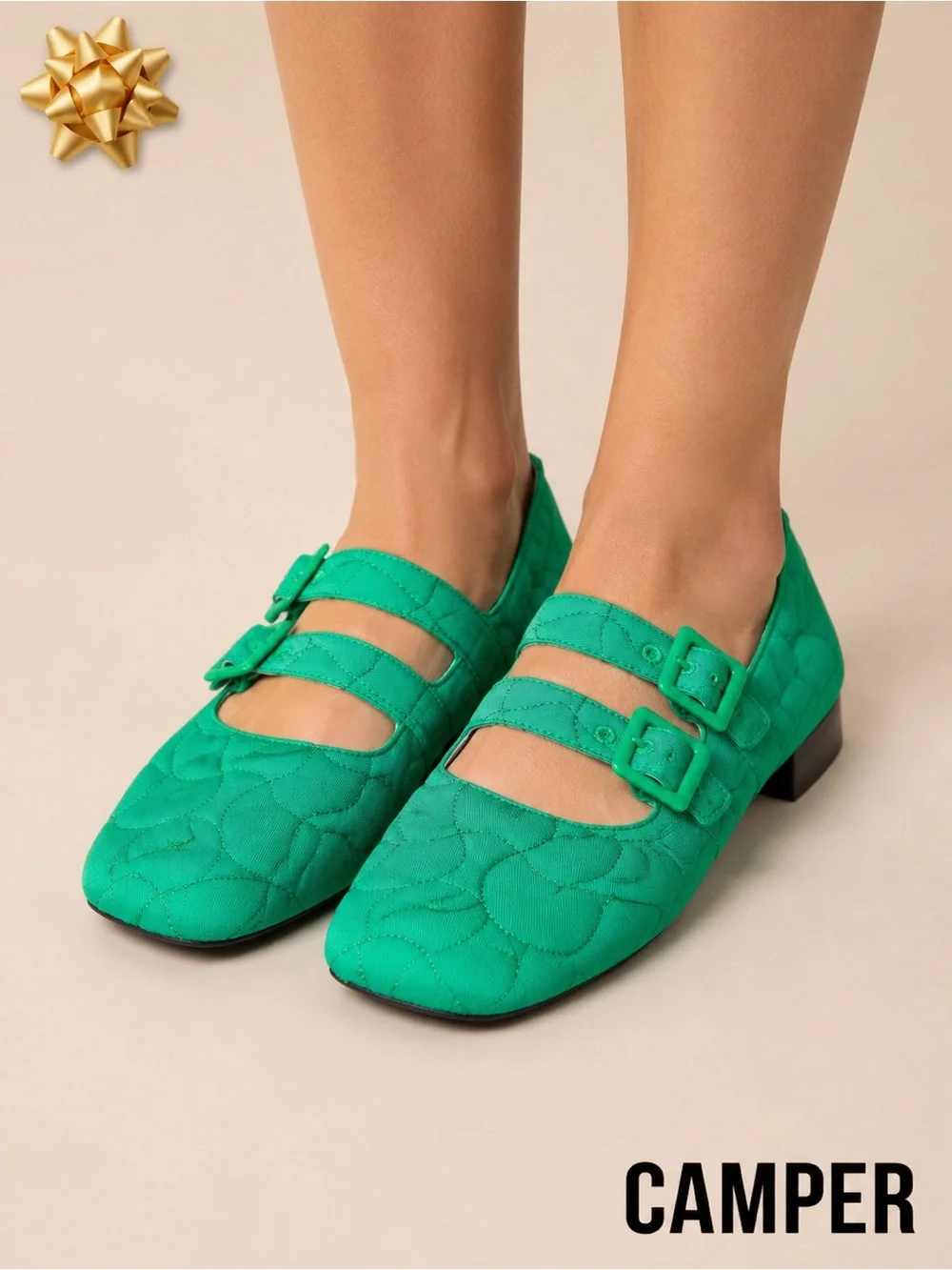 Camper Green Quilted Double Strap Mary Jane Flats EU 37 US 6.5